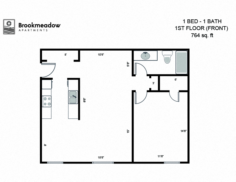 Floor plan for 1 bed, 1 bath, 764 sqft